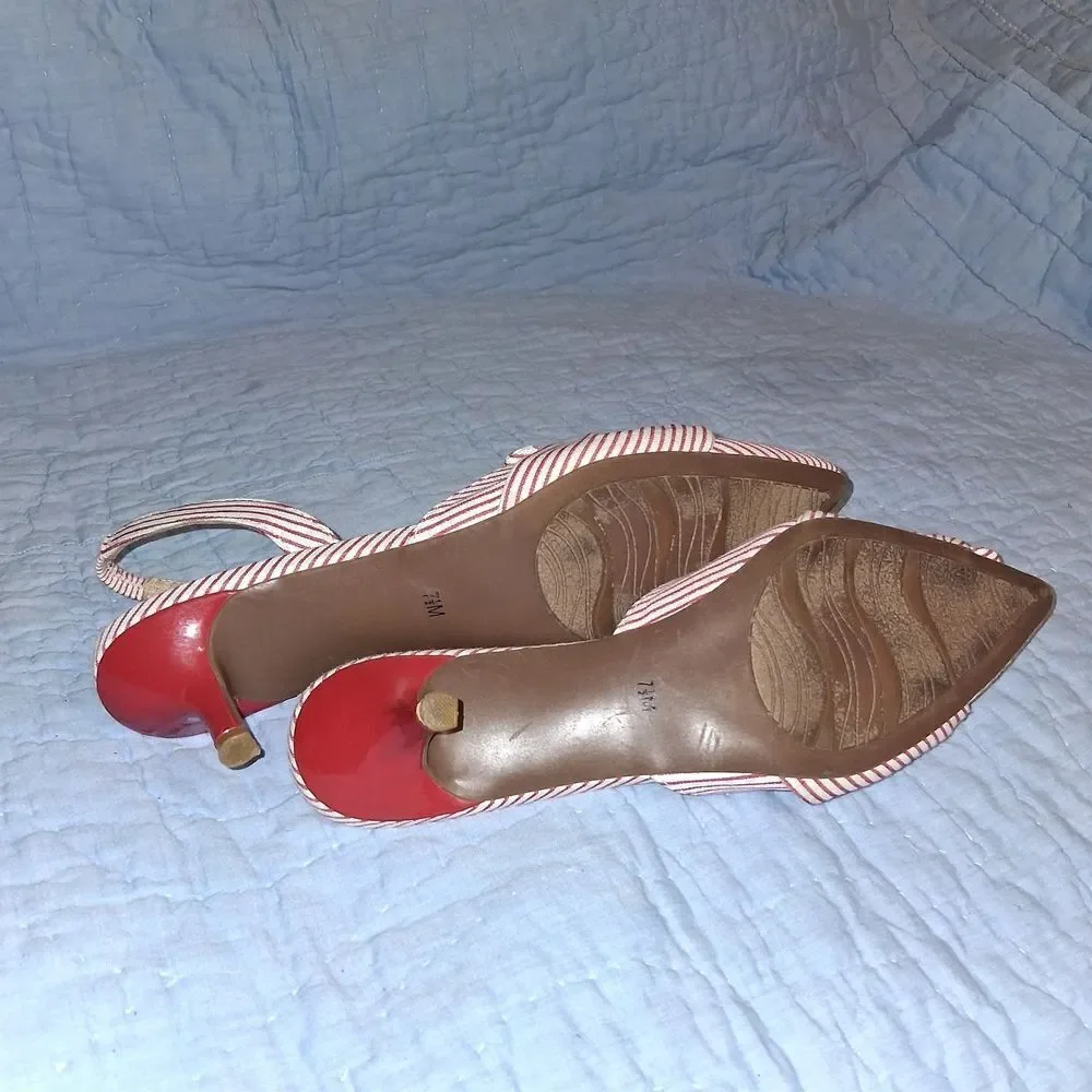 Amelia Grace Stylish Red and White Striped Slingback Heels Sizs 7.5M